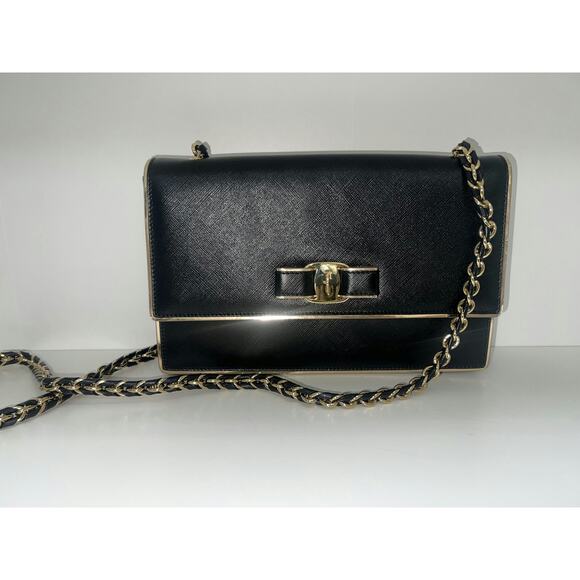 Salvatore Ferragamo Handbags - Salvatore Ferragamo Black Saffiano Leather Shoulder Bag with Gold-Tone Chain